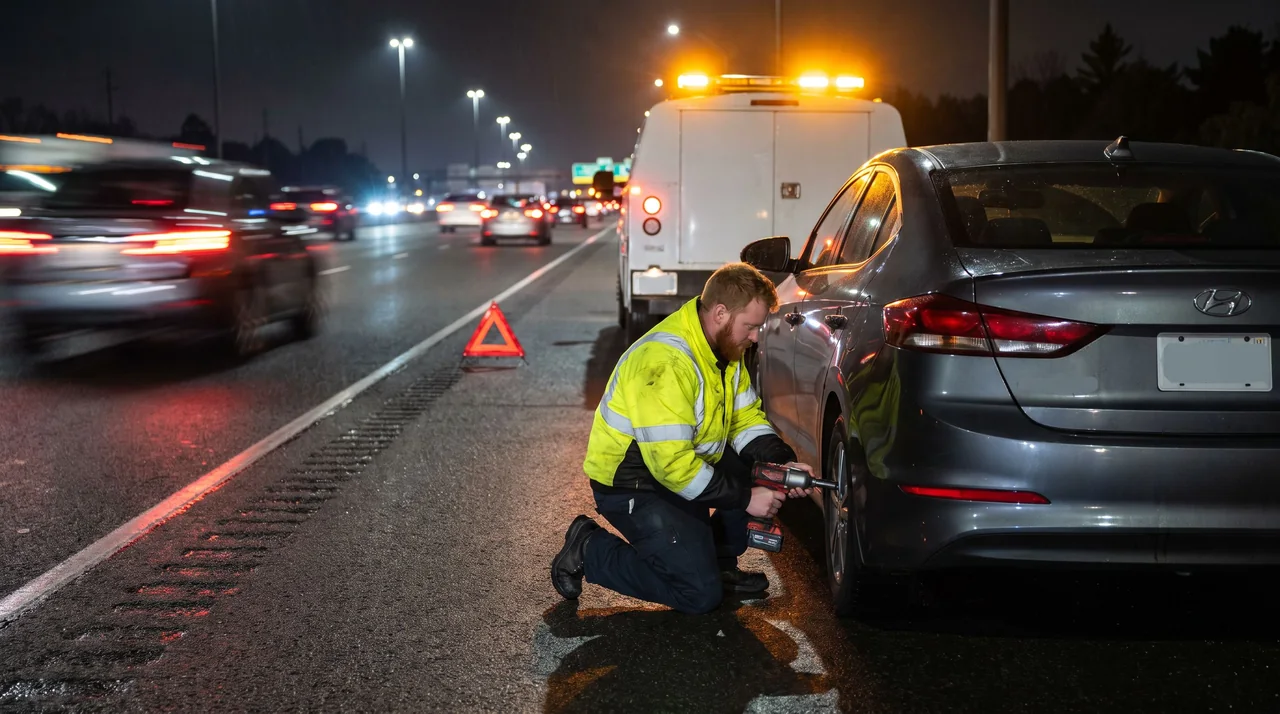Flat tire change: Your spare put on, so you can drive to a shop.
