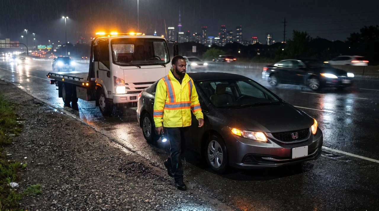 A roadside operator walks to a stranded car on a rainy roadside at night